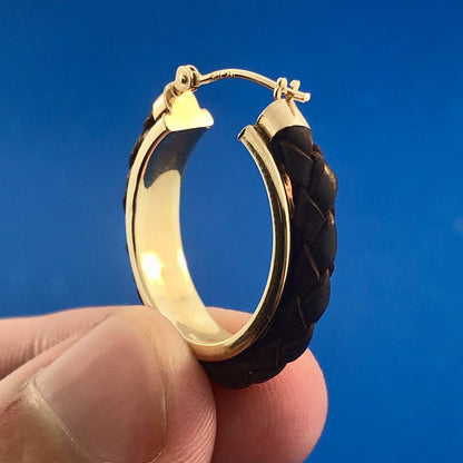 Jacmel JCM 14k Yellow Gold Braided Leather Rawhide Hoop Earrings