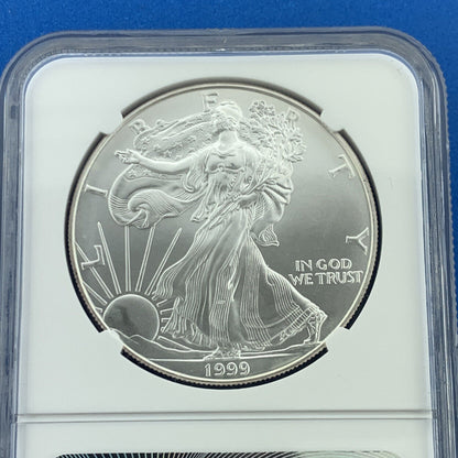 1999 $1 American .999 Silver Eagle Reverse Struck Thru Mint Error NGC MS69 Coin