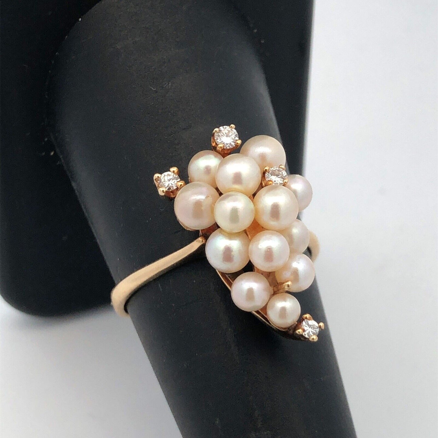 Vintage 14K Yellow Gold Pearl Diamond Cluster Ring