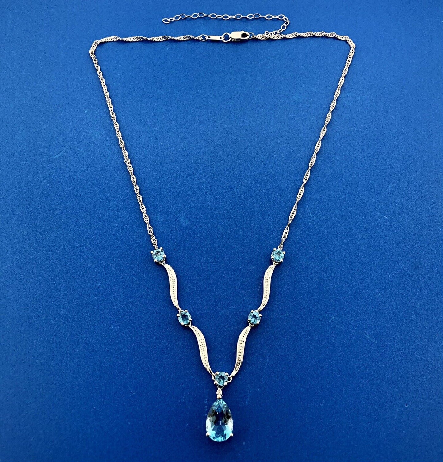 Designer 10K White Gold Blue Topaz Pear Solitaire Accents Statement Necklace