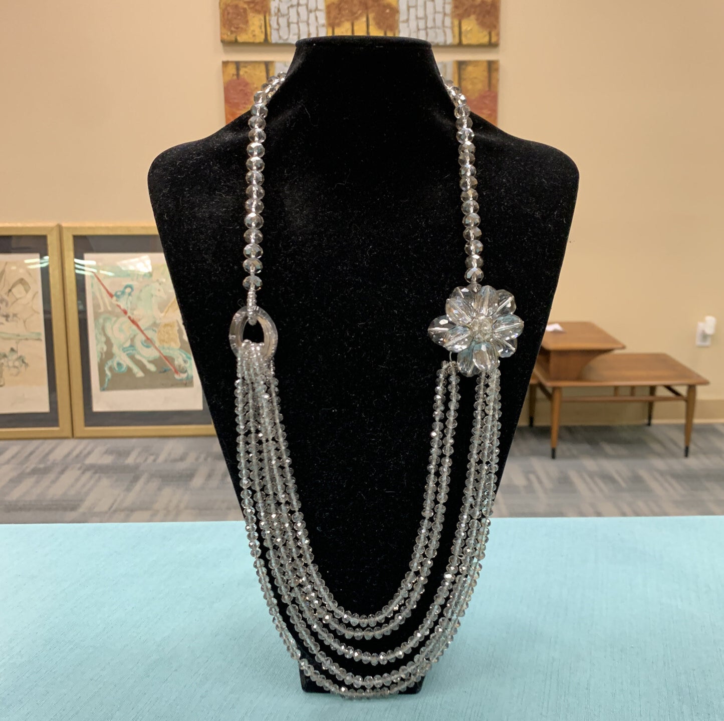 Vintage Silver Tone Roaring 20's Silver Faceted Crystal Layered Flapper Necklace