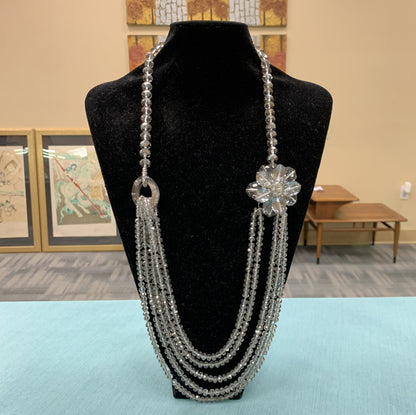 Vintage Silver Tone Roaring 20's Silver Faceted Crystal Layered Flapper Necklace