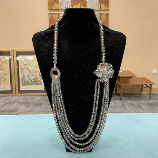 Vintage Silver Tone Roaring 20's Silver Faceted Crystal Layered Flapper Necklace