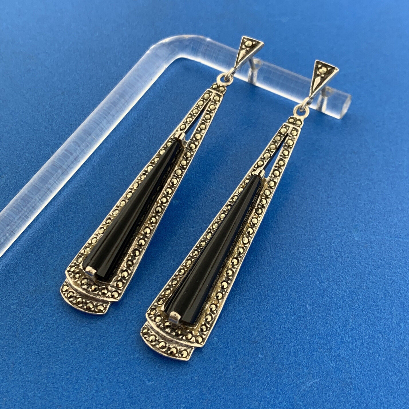 Lovely Sterling Silver 925 Cabochon Black Onyx Marcasite Accent Dangle Earrings