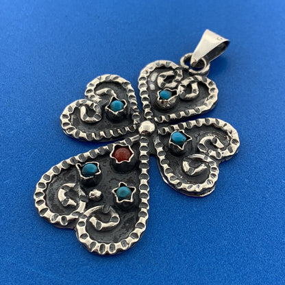 Taxco Mexico Designer Sterling Silver 925 Turquoise Coral Clover Cross Pendant