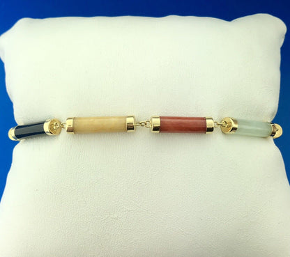 Estate 14K Yellow Gold Coral Black Onyx Jasper Jade Mixed Tubular Bead Bracelet