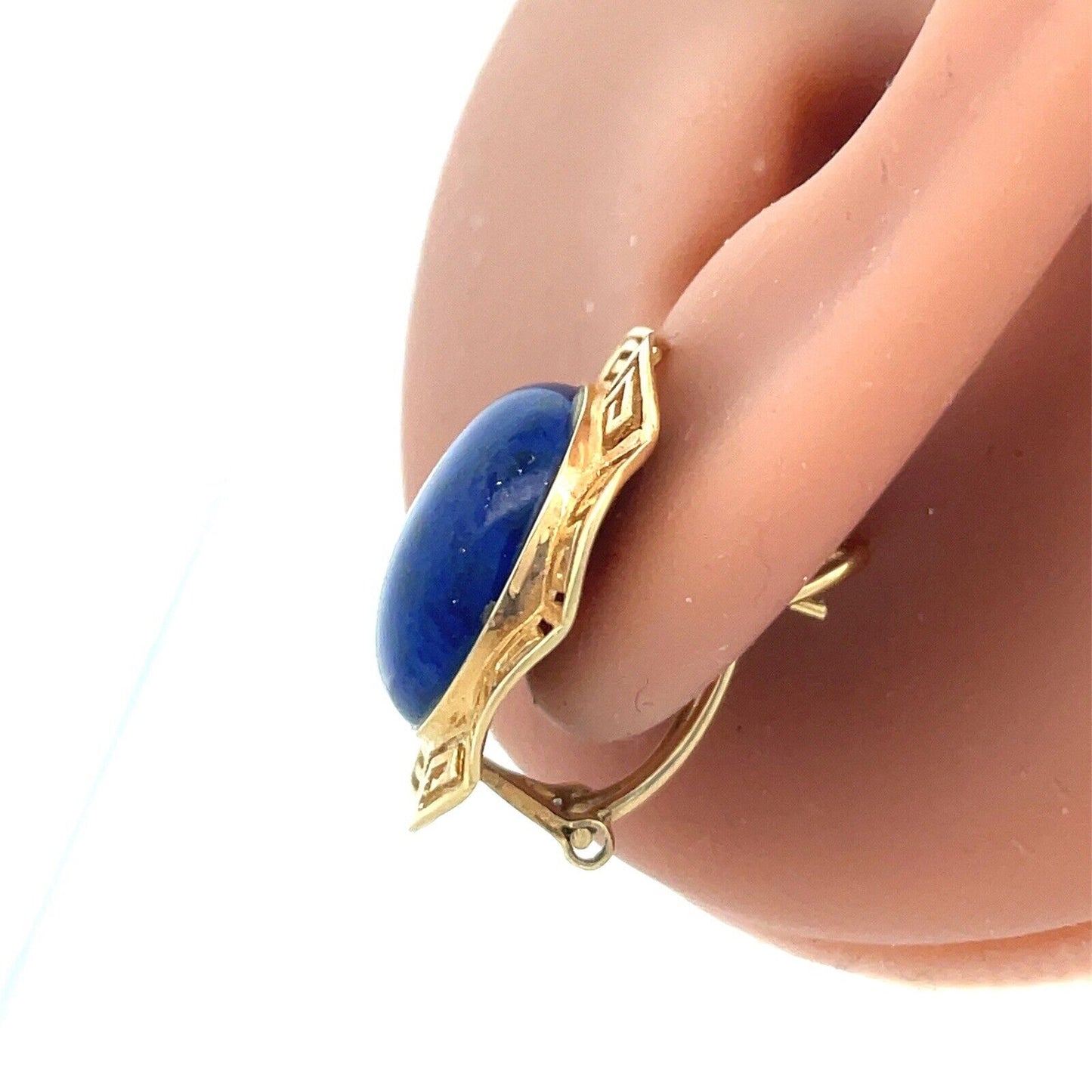 14K Yellow Gold Lapis Lazuli Cabochon Statement Omega Back Earrings