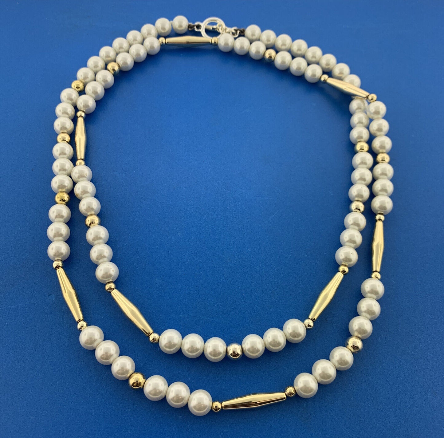 Ralph Lauren Two Tone Faux Pearl Metal Cylinder Statement Toggle Necklace