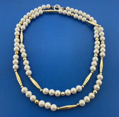 Ralph Lauren Two Tone Faux Pearl Metal Cylinder Statement Toggle Necklace