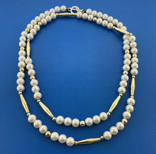 Ralph Lauren Two Tone Faux Pearl Metal Cylinder Statement Toggle Necklace