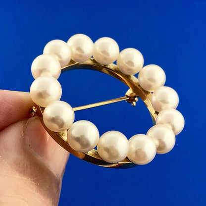 Vintage 14K Yellow Gold 6 MM Pearl Wreath Pin Brooch Pendant