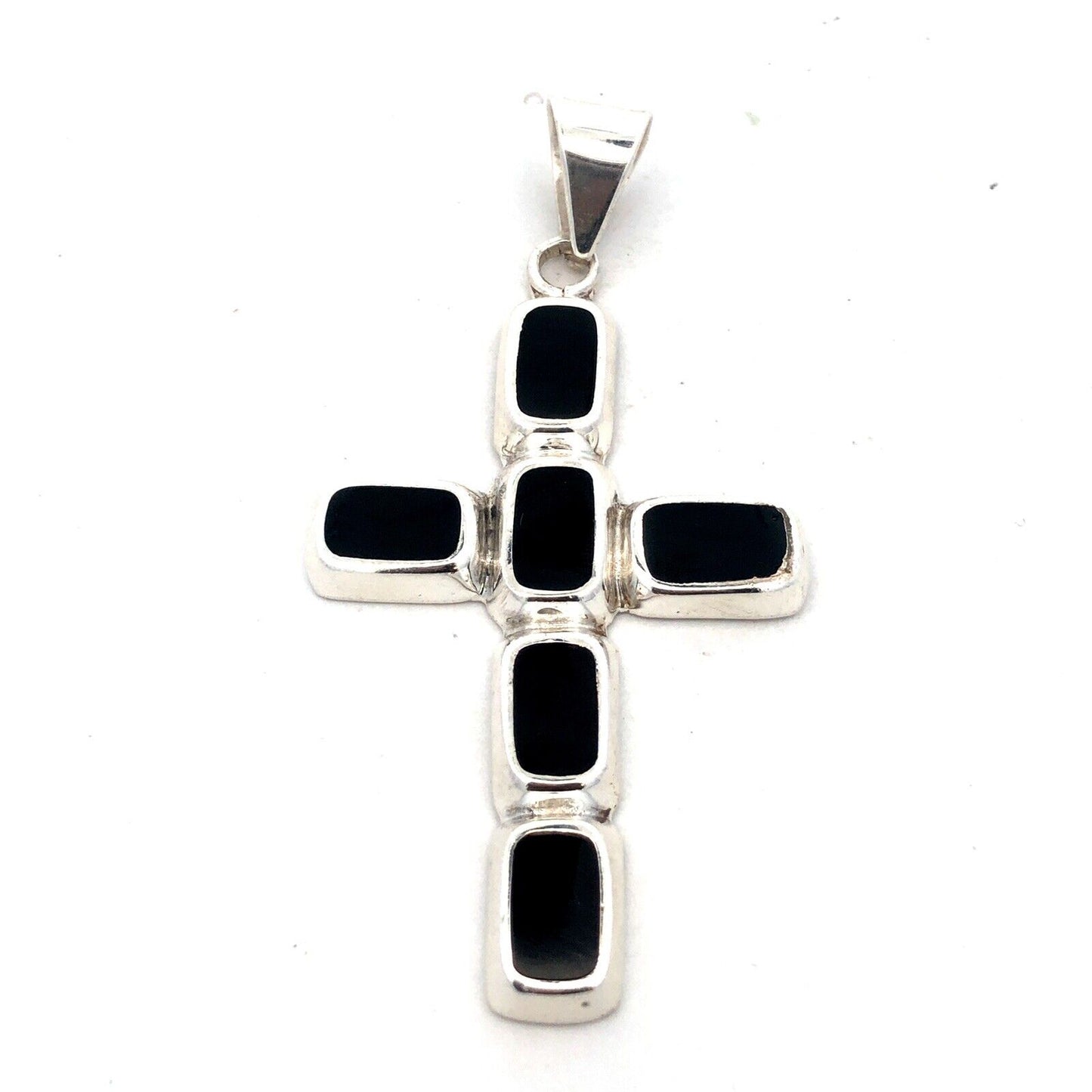 Vintage 925 Sterling Silver Rectangle Black Onyx Bezel Cross Pendant