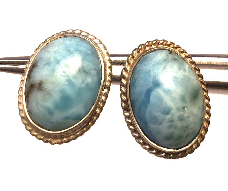 Vintage 925 Sterling Silver Blue Larimar Oval Statement Stud Earrings