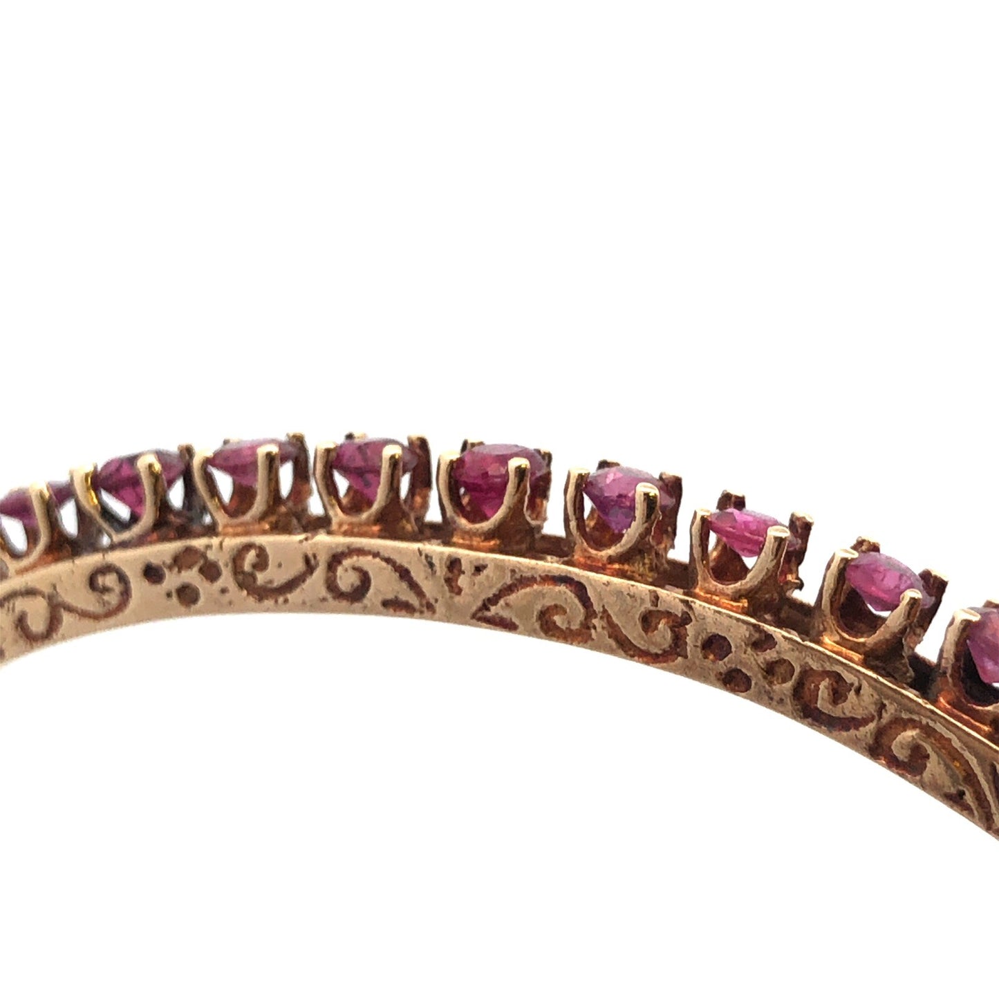 Vintage 14K Yellow Gold Round Ruby Open Scroll Hinged Cuff Bangle Bracelet