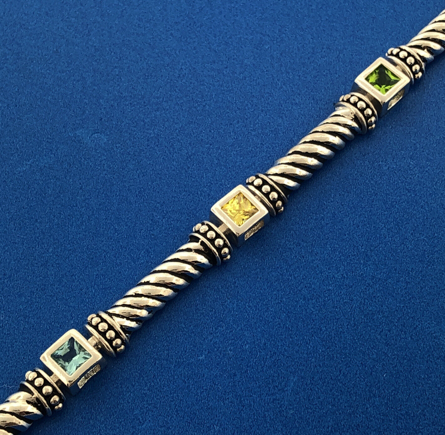 Estate 925 Sterling Silver Princess Cut Multicolor Cubic Zirconia CZ Bracelet