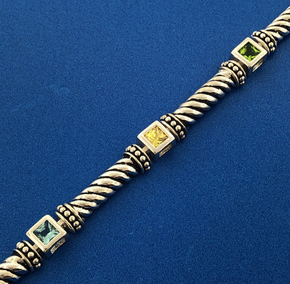 Estate 925 Sterling Silver Princess Cut Multicolor Cubic Zirconia CZ Bracelet