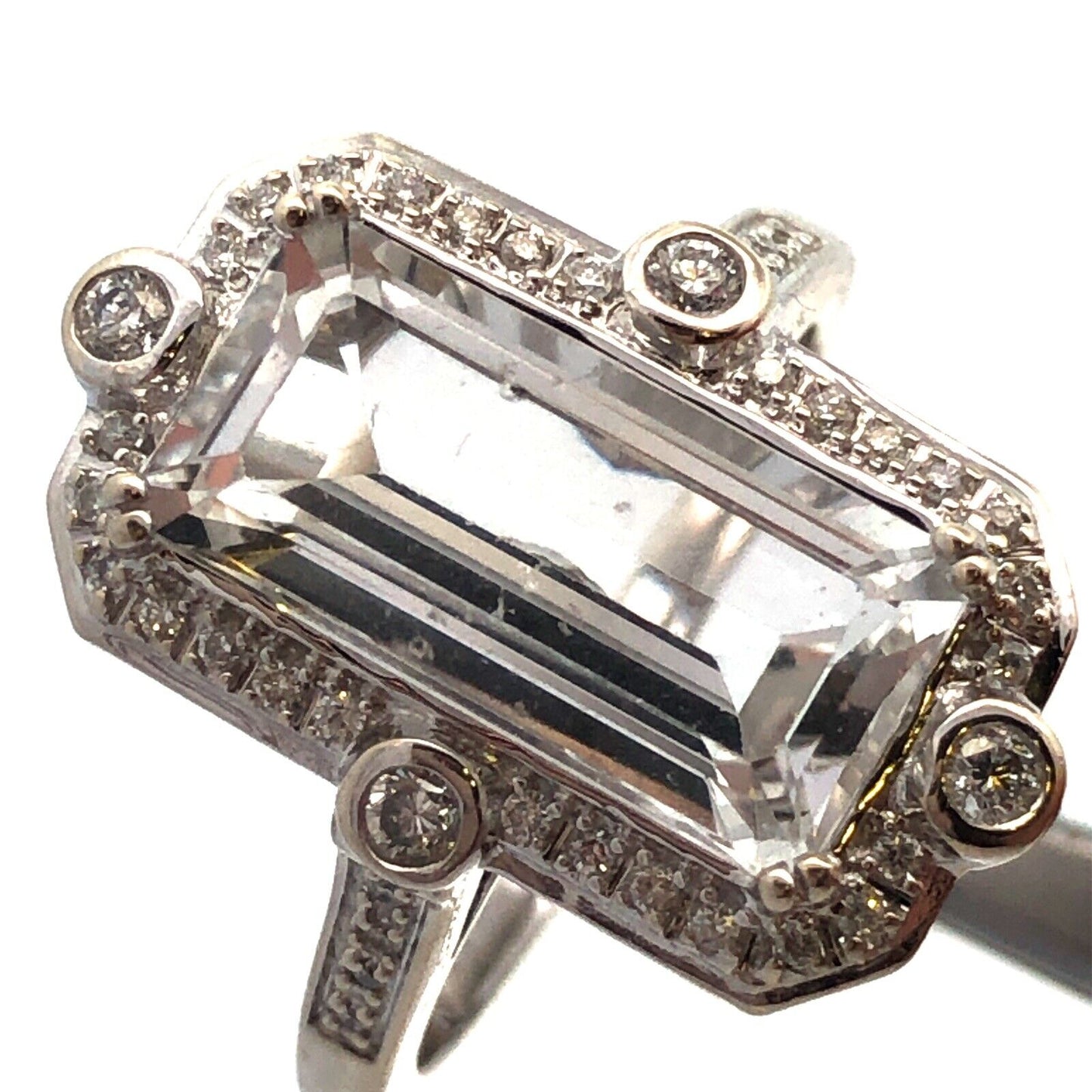 14K White Gold Designer White Topaz Diamond Accent Art Deco Style Statement Ring