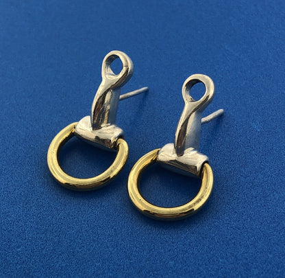 Equestrian 925 Sterling Silver Brass Ring Saddle Stirrups Dangle Stud Earrings
