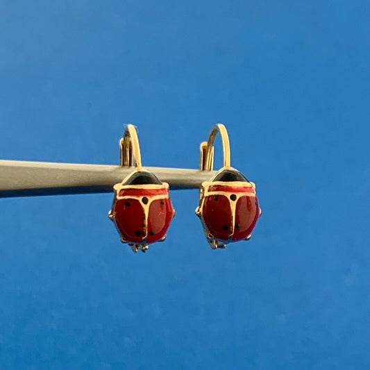 Milor Italy 18K Yellow Gold Red Black Enamel Lady Bug Insect Earrings