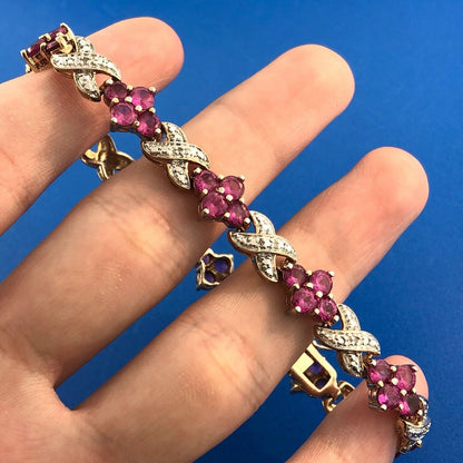 Designer 925 Sterling Silver Pink Spinel X O Floral Two Tone Tennis Bracelet