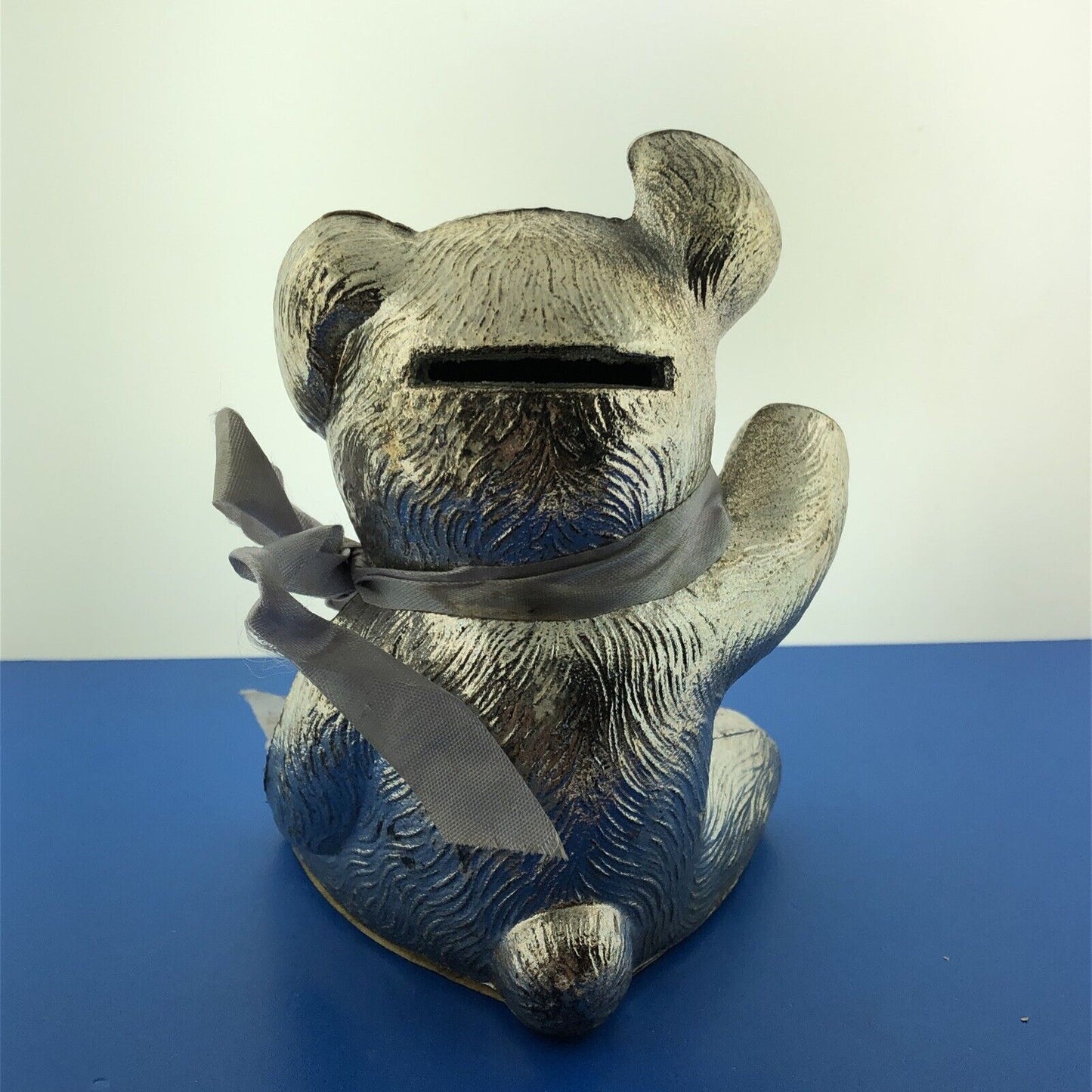 Vintage Silverplate Teddy Bear Love Lasts Blue Ribbon Money Coin Bank