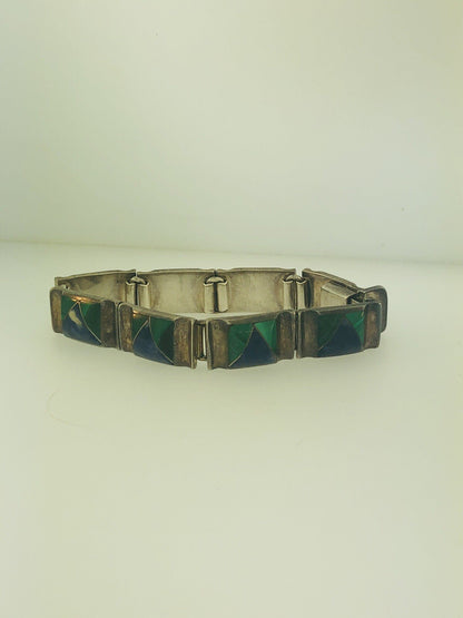 Oscar Figueroa Escorcia Taxco Silver 950 Lapis Malachite Panel Bracelet