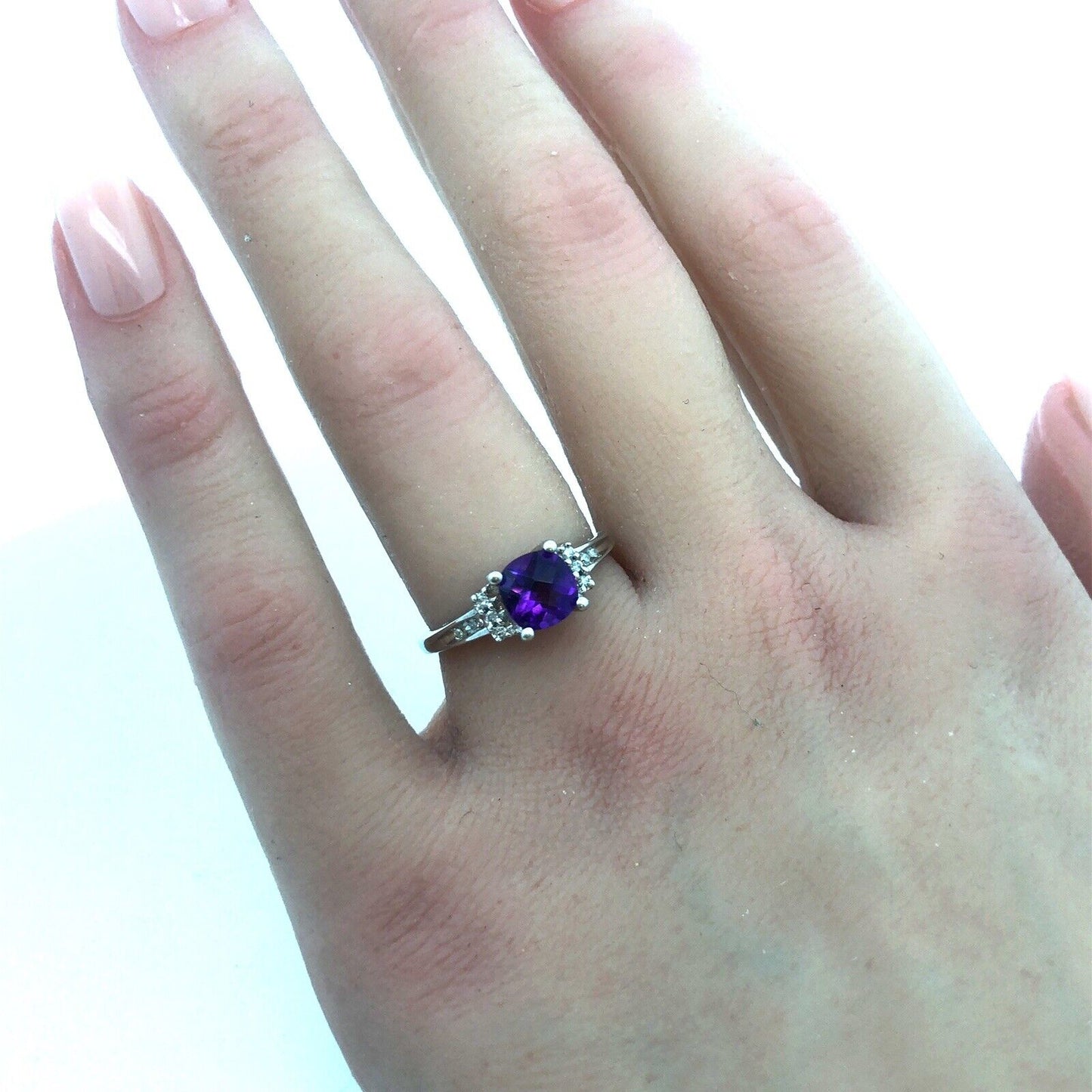 14K White Gold Cushion Cut Amethyst Diamond February Birthstone Anniversary Ring