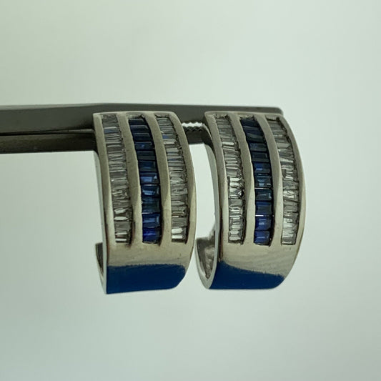 Retro 14K White Gold Channel Set Sapphire Diamond September Anniversary Earrings