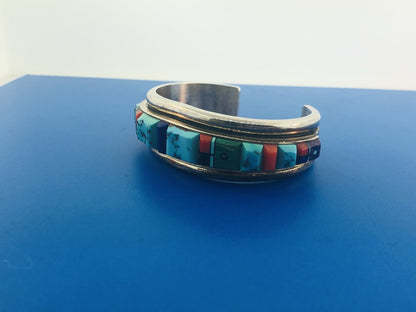 Native American 925 Sterling Silver Turquoise Multi Gem Cuff Bracelet Ronnie