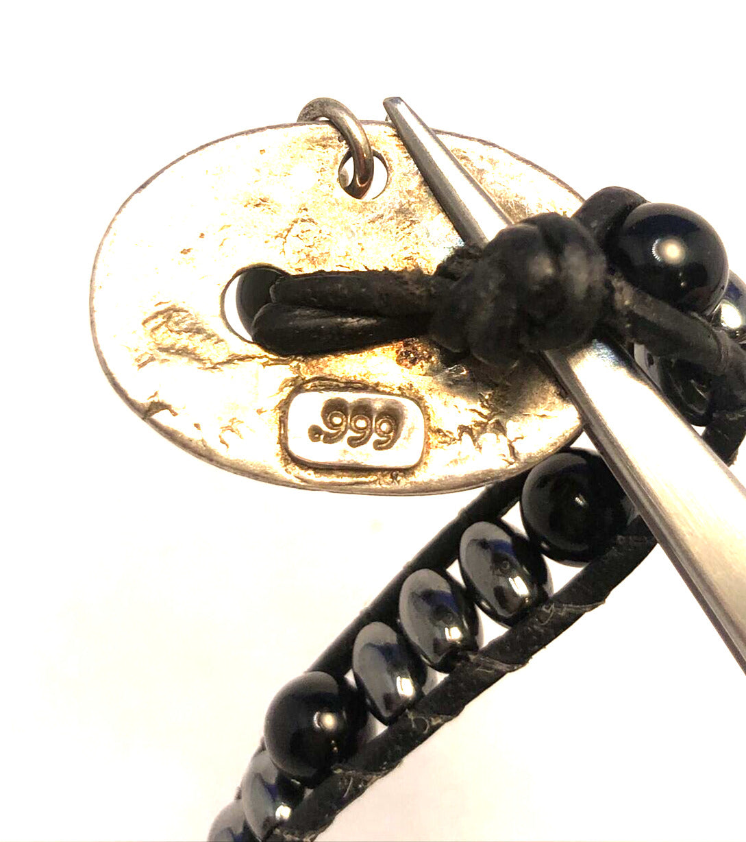 Unisex 999 Fine Silver Medallion Black Onyx Hematite Bead Black Leather Bracelet