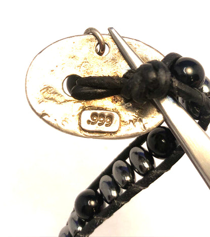 Unisex 999 Fine Silver Medallion Black Onyx Hematite Bead Black Leather Bracelet