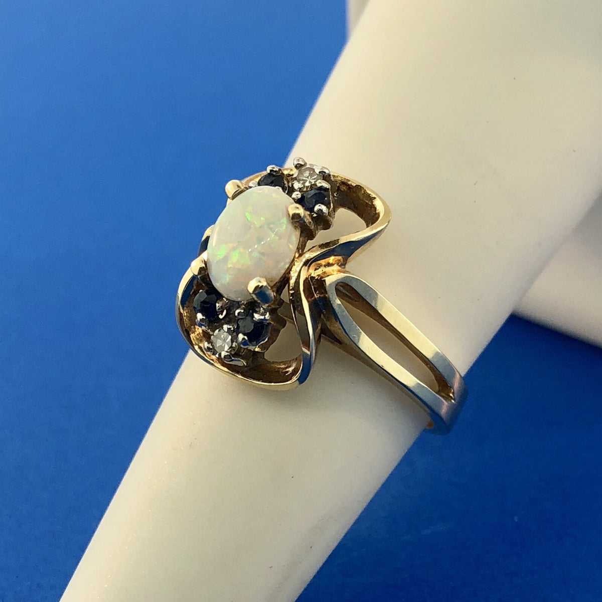 Retro 14K Yellow Gold Diamond Sapphire Opal Modernist Free Form Cocktail Ring