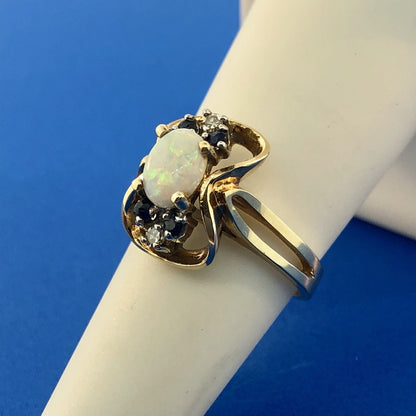 Retro 14K Yellow Gold Diamond Sapphire Opal Modernist Free Form Cocktail Ring