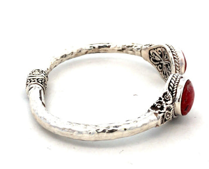 SARDA Sterling Silver Red Coral Radiant Roses Tip to Tip Hinged Cuff Bracelet