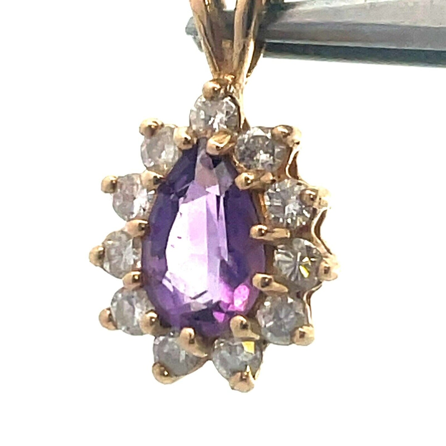 Vintage Designer 14K Yellow Gold Pear Amethyst Diamond Halo Teardrop Pendant