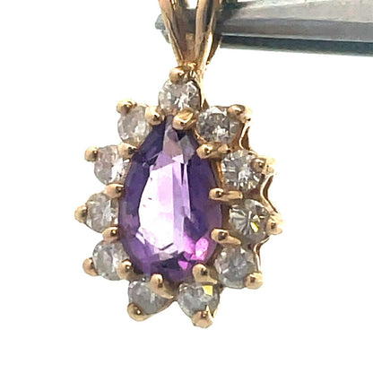 Vintage Designer 14K Yellow Gold Pear Amethyst Diamond Halo Teardrop Pendant