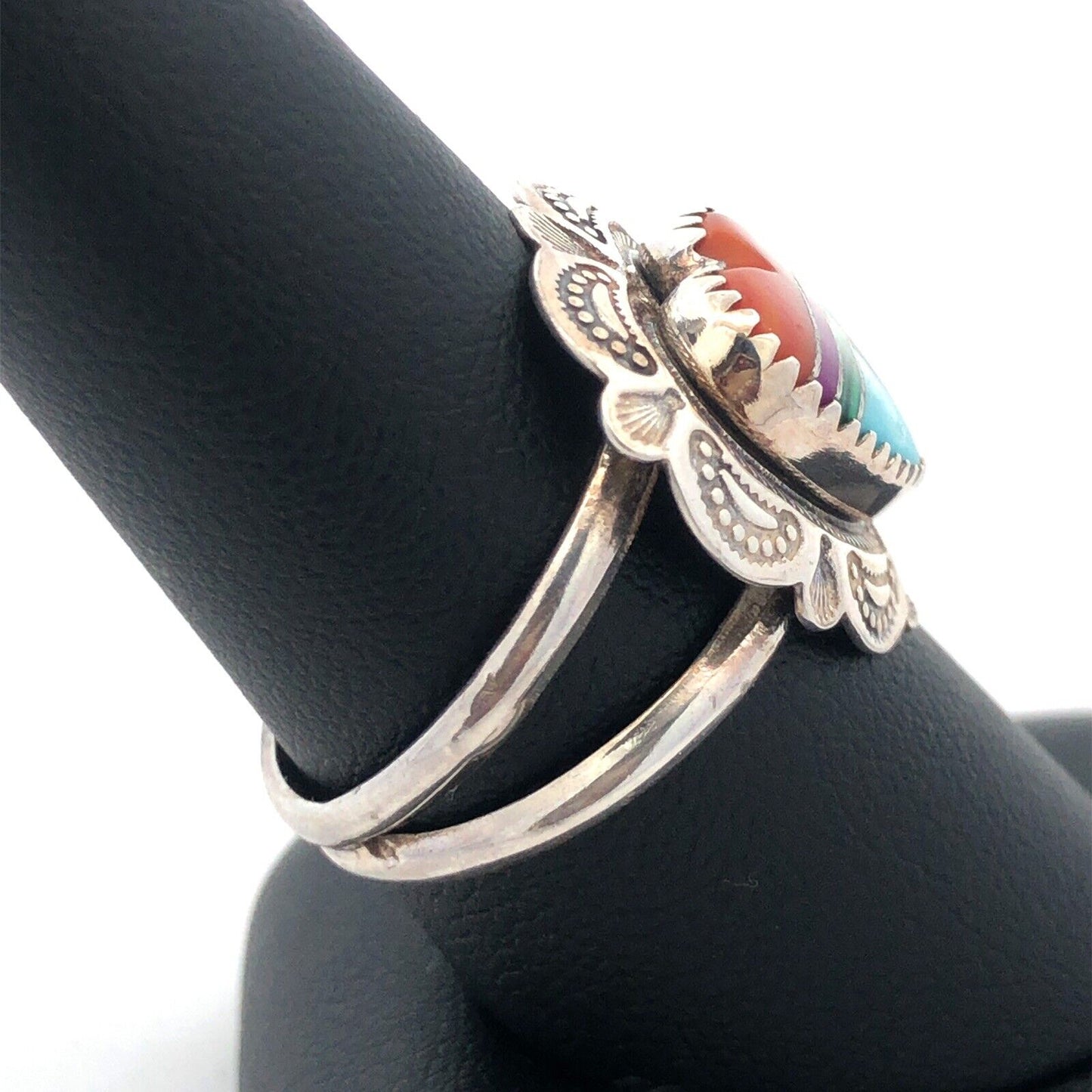 Quoc Turquoise Inc 925 Sterling Silver Mixed Gemstone Inlay Heart Concho Ring