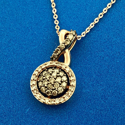 Designer 14K Rose Gold Champagne White Diamond Infinity Eternity Circle Necklace