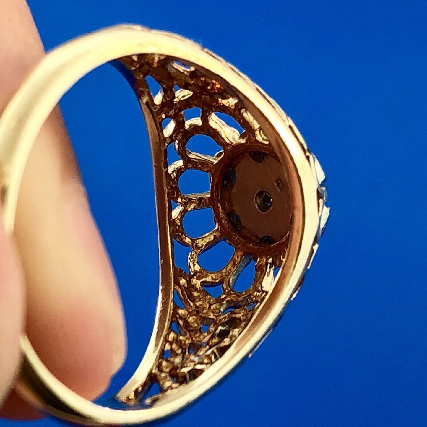 Vintage 10K Yellow Gold Sapphire Diamond Open Work September Cocktail Dome Ring