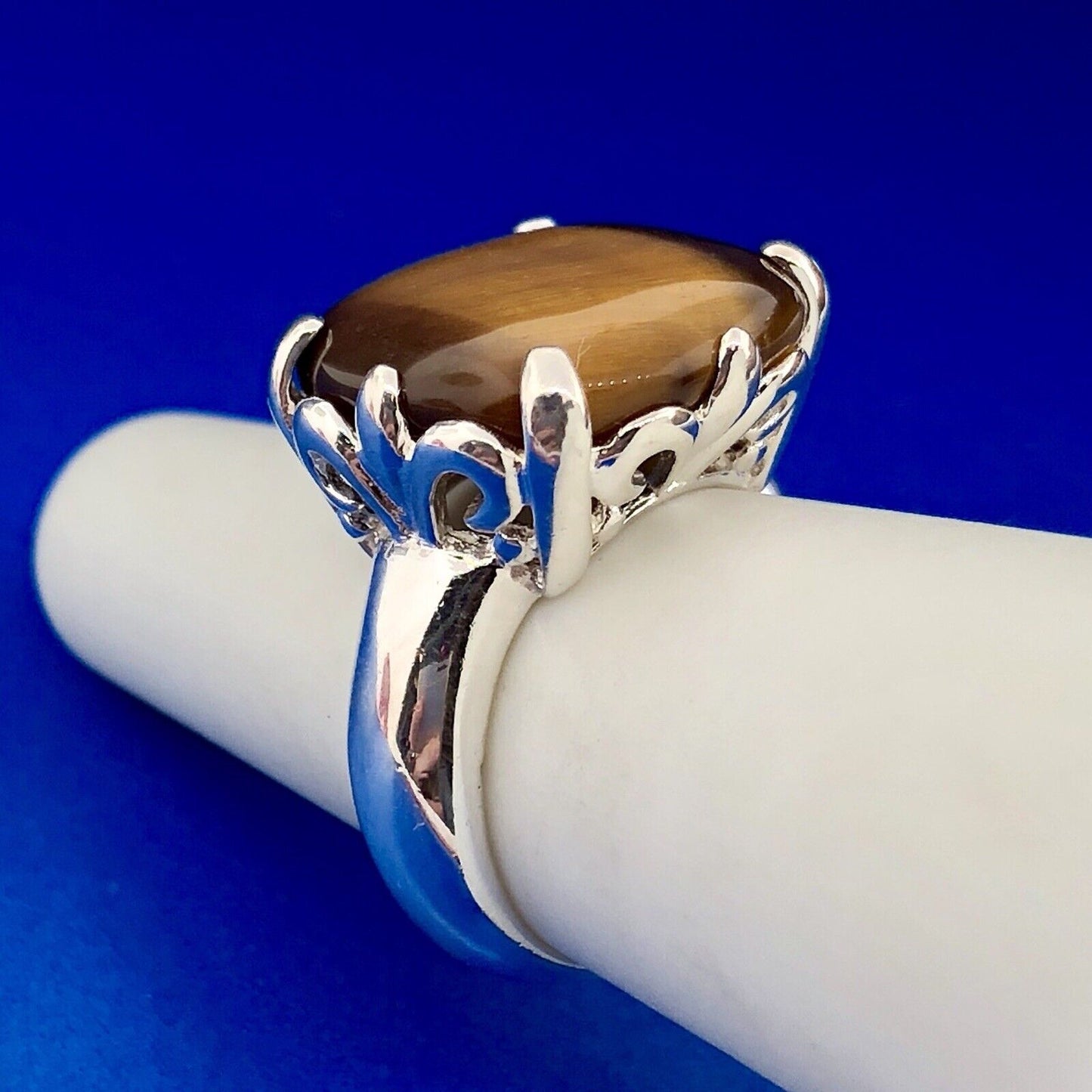 Designer 925 Sterling Silver Square Tigers Eye Fleur De Lis Statement Ring