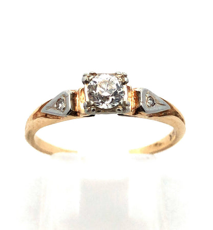 Estate 14K Yellow Gold Round Diamond Solitaire With Accents Engagement Ring