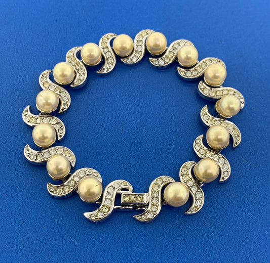 1955 Crown Trifari Silver Tone Faux Pearl & Rhinestone Statement Bracelet