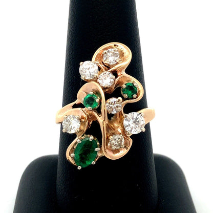 Estate 14K Yellow Gold Round Diamond Emerald Swirl Modernist Cluster Ring