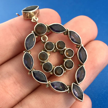 Estate 925 Sterling Silver Iolite Smoky Quartz Statement Drop Dangle Earrings