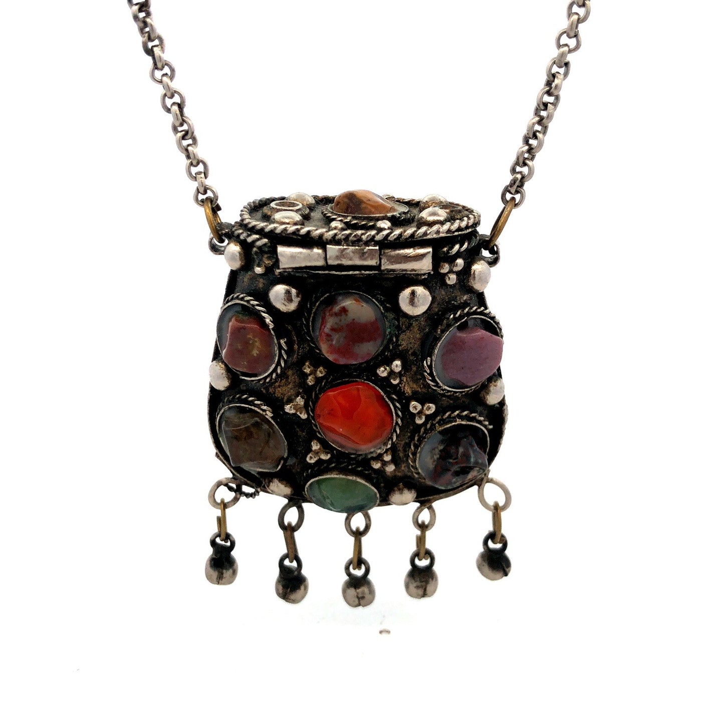 Vintage Sajai Metal Mixed Gemstone Silver Tone Prayer Box Coin Purse Necklace