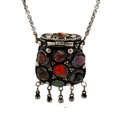 Vintage Sajai Metal Mixed Gemstone Silver Tone Prayer Box Coin Purse Necklace