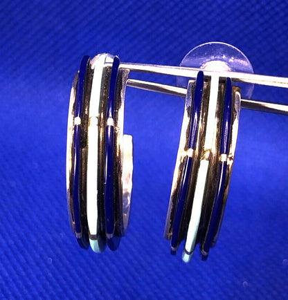 Vintage 925 Sterling Silver Lapis Lazuli Turquoise Butterfly Back Hoop Earrings