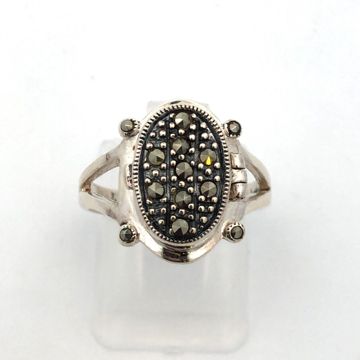 Vintage Designer 925 Sterling Silver Marcasite Oval Pill Box Ring