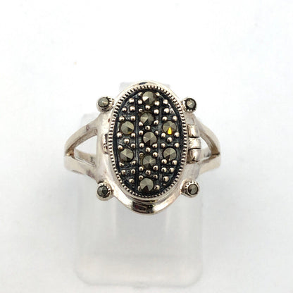 Vintage Designer 925 Sterling Silver Marcasite Oval Pill Box Ring