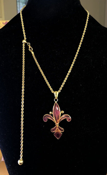 Milor 925 Sterling Silver Vermeil Purple Enamel Fleur De Lis Adjustable Necklace
